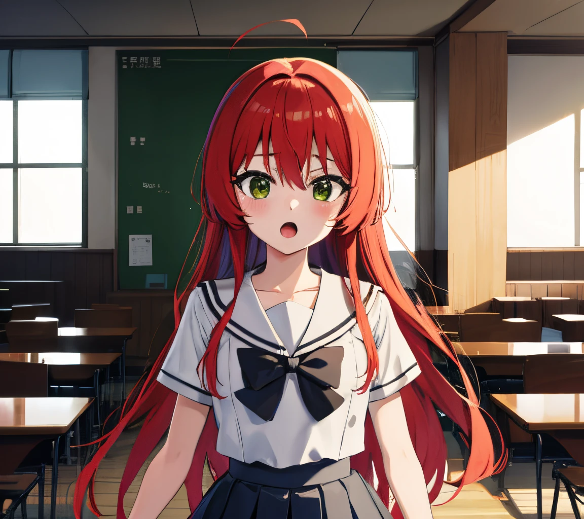kitaikuyo, ikuyo kita, (green eyes:1.5), hair between eyes, long hair, one side up, red hair, (flat chest:1.2),
BREAK black footwear, black skirt, grey sailor collar, pleated skirt, sailor collar, school uniform, shoes, short sleeves, shuka high school uniform, skirt,,
BREAK looking at viewer,
BREAK indoors, classroom,
BREAK (masterpiece:1.2), best quality, high resolution, unity 8k wallpaper, (illustration:0.8), (beautiful detailed eyes:1.6), extremely detailed face, perfect lighting, extremely detailed CG, (perfect hands, perfect anatomy),up chest.big breasts.Sad face.open mouth.