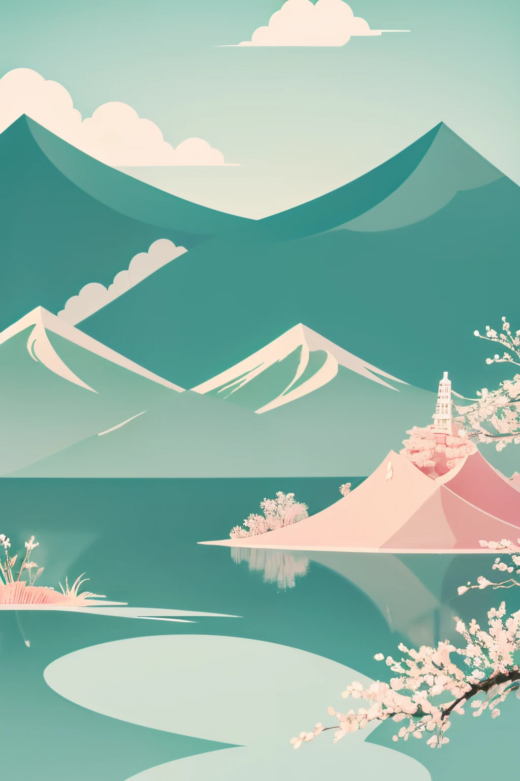 Paper-cut style Chinese illustration on white background，Three-dimensional feeling，Layered，springtime，jade，mountain water，Auspicious clouds，Rich in detail，Super refined，Pink-green color，Flat illustration style