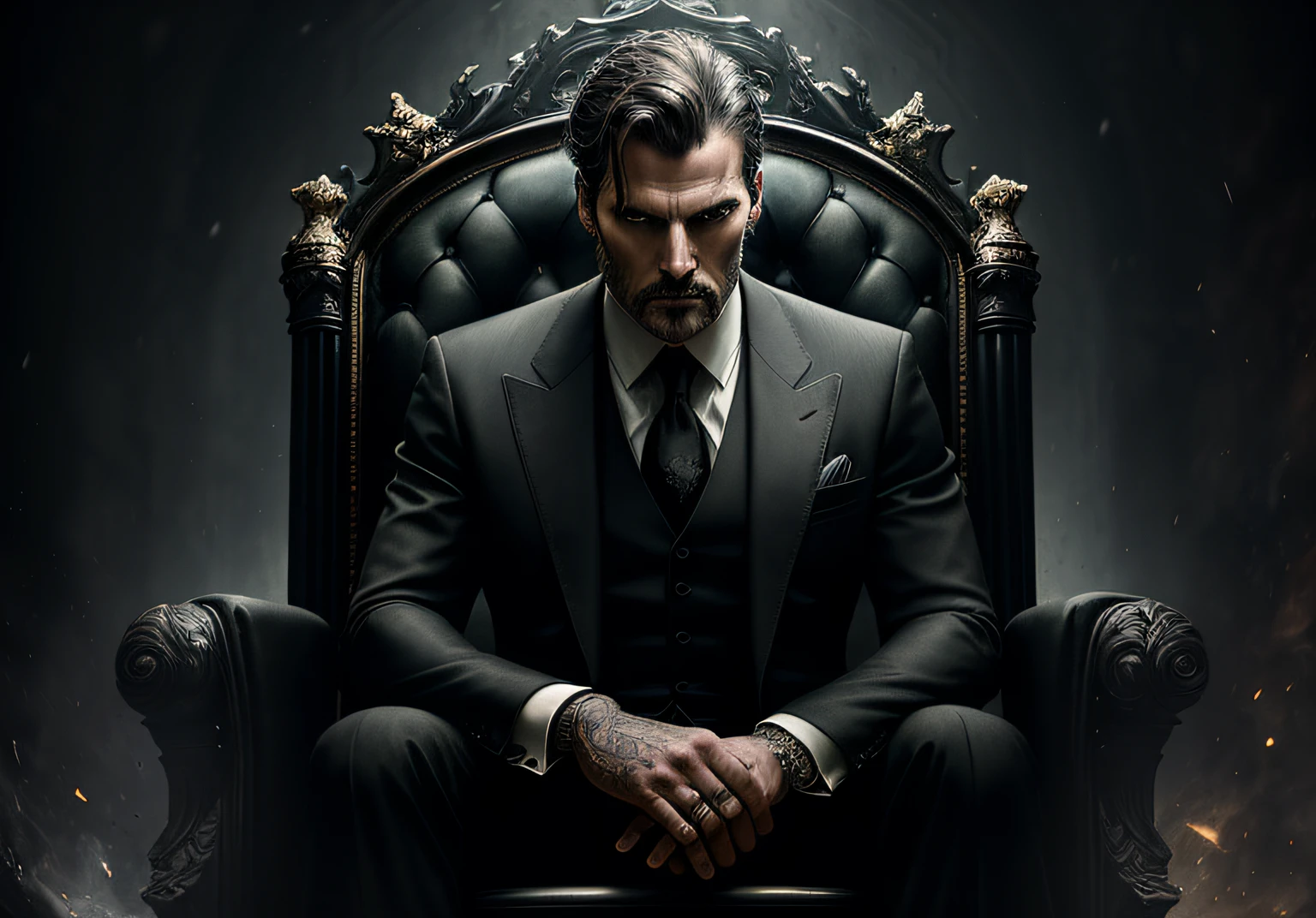 MAN IN A BLACK SUIT ON A THRONE SITTING dark: epic realistic, soft cinematic portrait, adobe lightroom, photo lab, highly detailed, faded, (neutral colors: 1.2), (hdr: 1.4), (soft colors: 1.2) ), hyper-detailed, (artstation:1.4), cinematic, warm lights, dramatic light, (intricate details:1.1), complex background, (rutkowski:0.66), (blue and orange:0.4)
