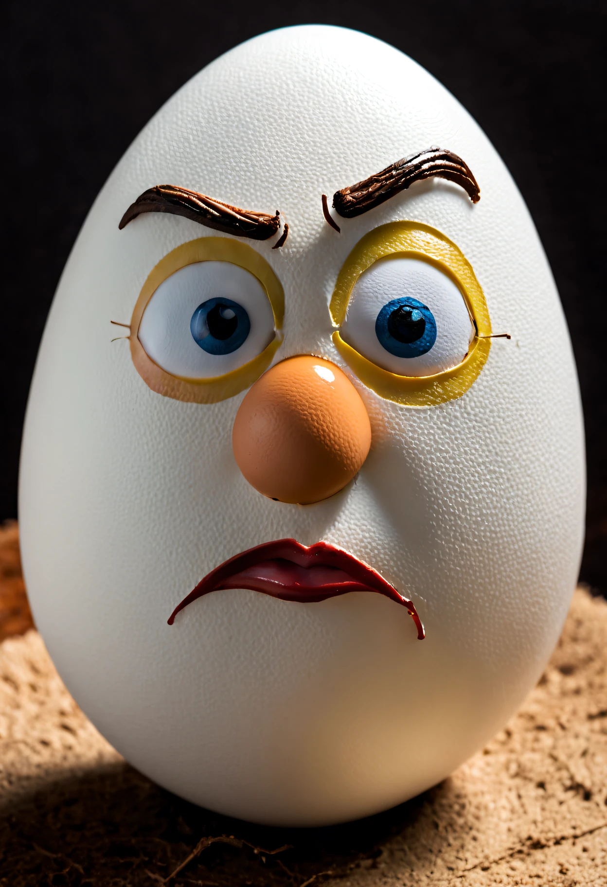 Close-up of a white egg，There is a sad face painted on it, Nicolas Cage&#39;s face on an egg, The head is an egg, an egg, Humpty Dumpty in the shape of an egg, he has a big egg, sad expressions, Inspired by Heinz Fury, Sadness Face, very sad face, Gary Oldman plays Pear