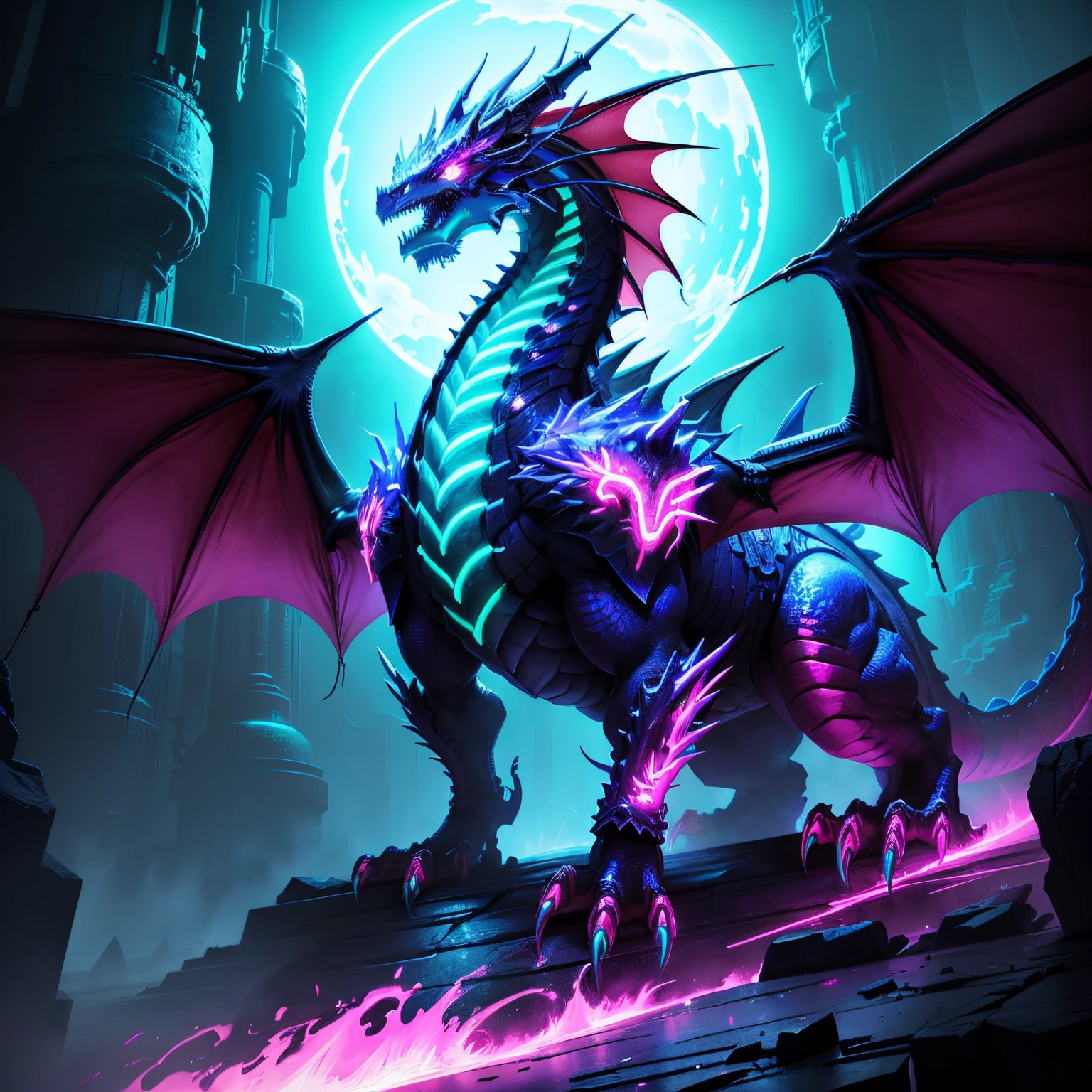 <lora:UraniumTechAI:1> uraniumtech,   a purple fire dragon in a dungeon, badass, action pose, detailed background, Dungeons and Dragons,