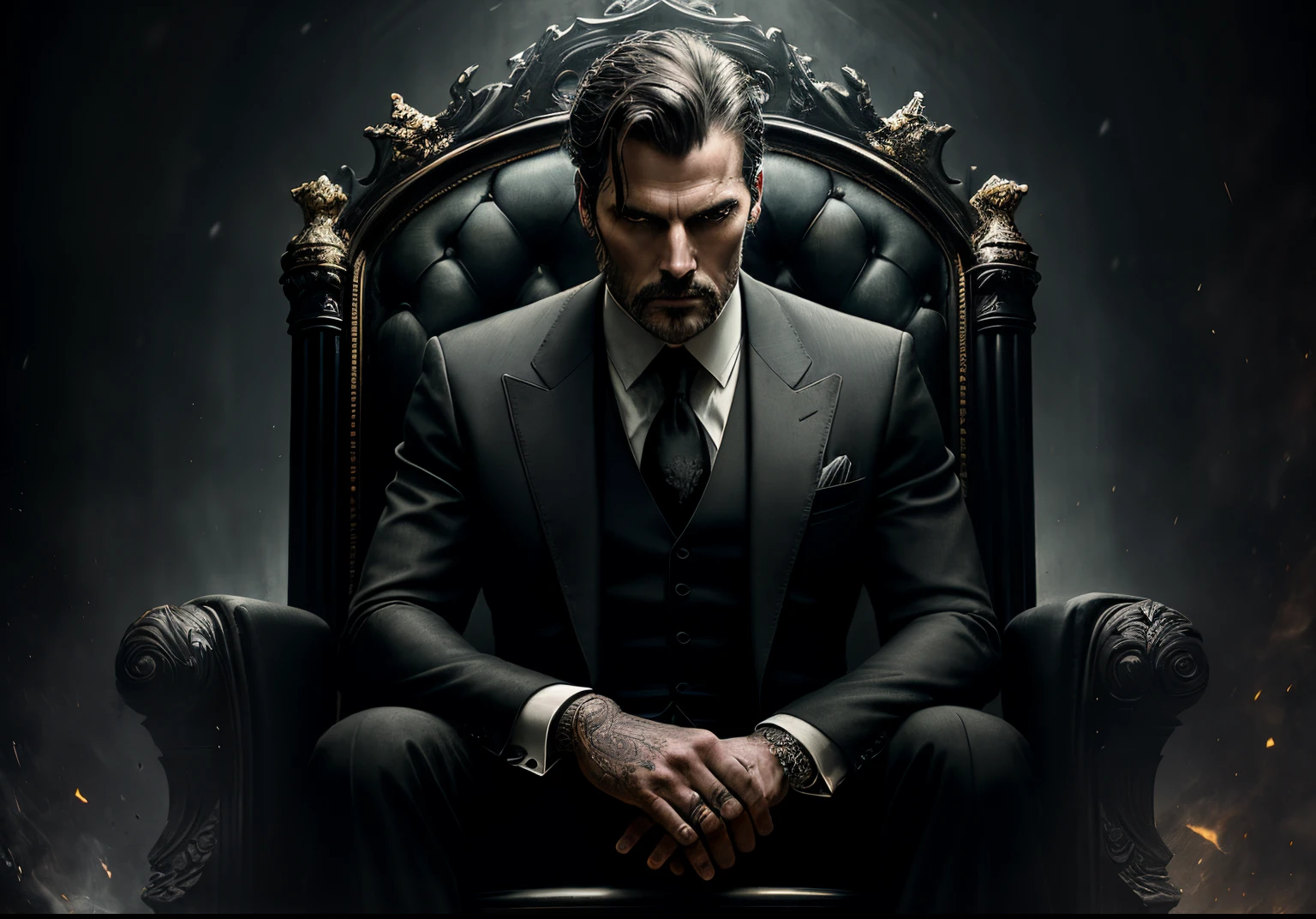 MAN IN A BLACK SUIT ON A THRONE SITTING dark: epic realistic, soft cinematic portrait, adobe lightroom, photo lab, highly detailed, faded, (neutral colors: 1.2), (hdr: 1.4), (soft colors: 1.2) ), hyper-detailed, (artstation:1.4), cinematic, warm lights, dramatic light, (intricate details:1.1), complex background, (rutkowski:0.66), (blue and orange:0.4)