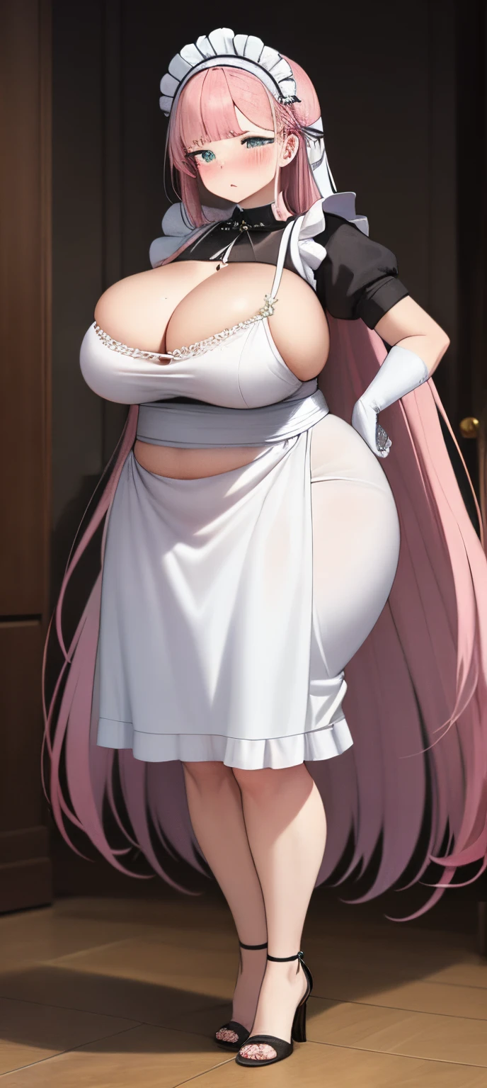 realistic, 1girl, pink hair, very long hair, wear bride veil, straight hair, blunt bangs, (beautiful eyes), blush, ((((white maid dress, fully clothed)))), ((big breast)), maid headband, white hand gloves, high heels, ribbon, night, indoor, staring at viewer, lipstick, closed mouth, bare foot, sfw, very big breast, [big belly], covered belly, thicc girl, standing, fat girl, obese girl