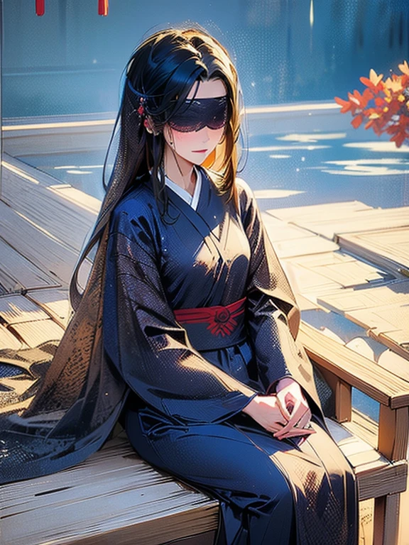 A small chested, mature, blind woman wearing ancient Chinese dress and a blindfold.  She has long black hair pinned with flowers sitting in a traditional asian garden by a pond. she looks soft and peaceful