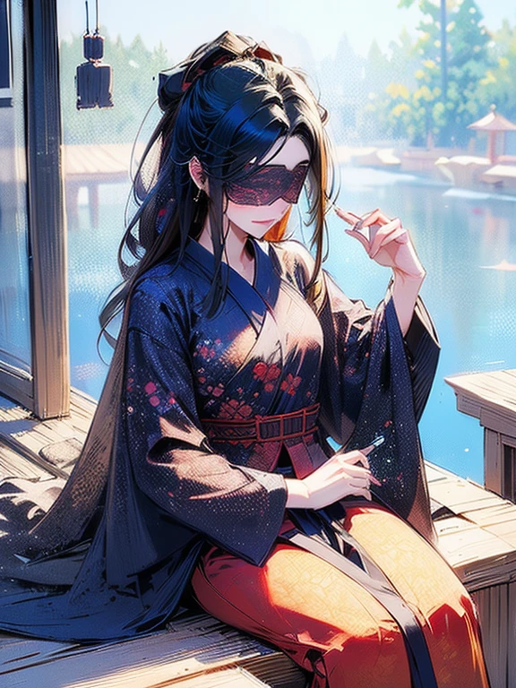 A small chested, mature, blind woman wearing ancient Chinese dress and a blindfold.  She has long black hair pinned with flowers sitting in a traditional asian garden by a pond. she looks soft and peaceful