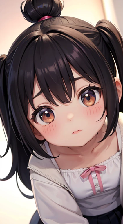 A cute looking at me with her cheeks puffed out