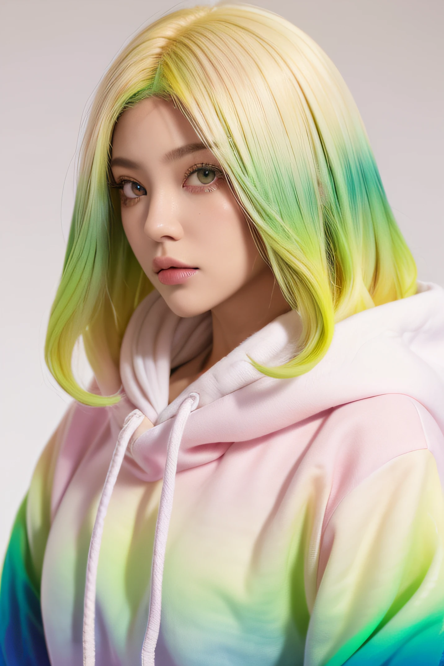1girls, bara, Single Focus, cowboy shot, portrait, Large hoodies, Green and white hoodies, Amphibian, Half Green, ((brunette hair)), (Yellow hair), (gradient hair :1.5), curly hair, ((pink eyes)), Highly detailed eyes, so, (Caramel pigmentation:1.1), bestquality, ultra-detail, White background, simple background