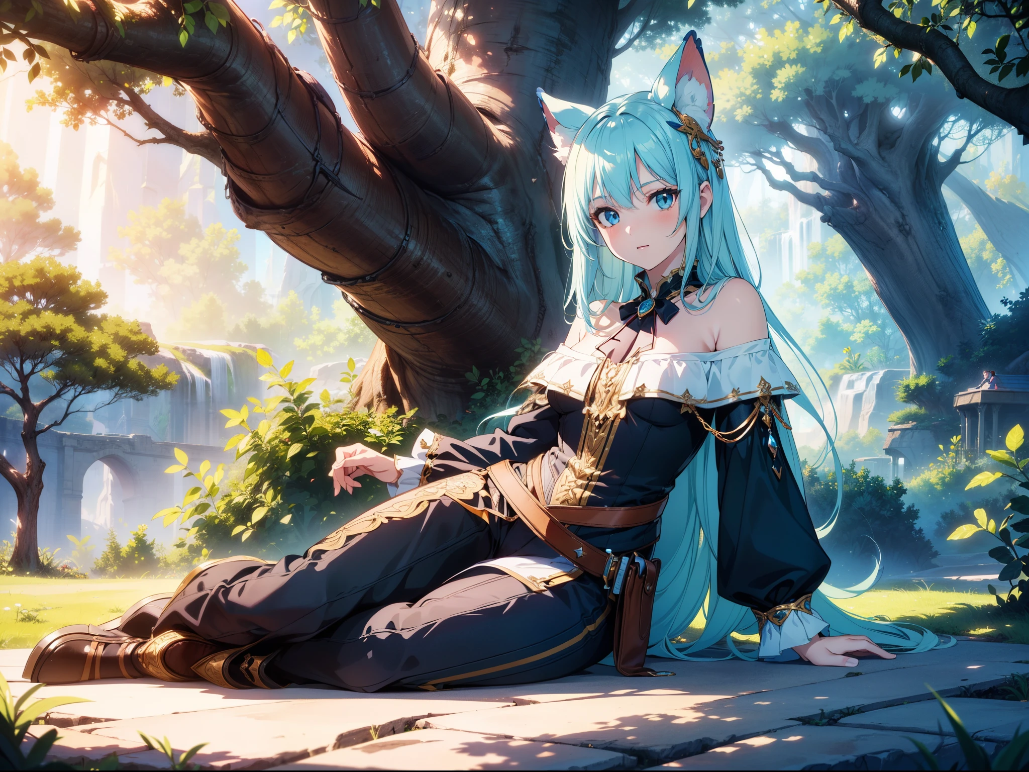 1 cute girl , sitting, (reclining against tree) ,((fantasy art)), cowboy shot ,(close to viewer) , (character focus), cinematic lighting, sunlight, high resolution ,(incredibly absurdres) ,extremely detailed CG unity 8k wallpaper, ((masterpiece)), ((top-quality)), (beautiful illustration), ((an extremely delicate and beautiful))