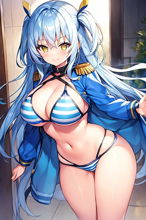 1girl, blue hair, large breasts, thick thighs, wide hips, blue jacket, yellow eyes, white hair, horizontal stripes, striped bikini, smile, happy, light smile, long hair, open jacket, bikini, 2d, anime style, anime screencap, Epaulettes