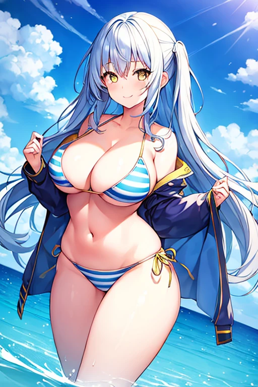 1girl, blue hair, large breasts, thick thighs, wide hips, blue jacket, yellow eyes, white hair, horizontal stripes, striped bikini, smile, happy, light smile, long hair, open jacket, bikini, 2d, anime style, anime screencap, Epaulettes