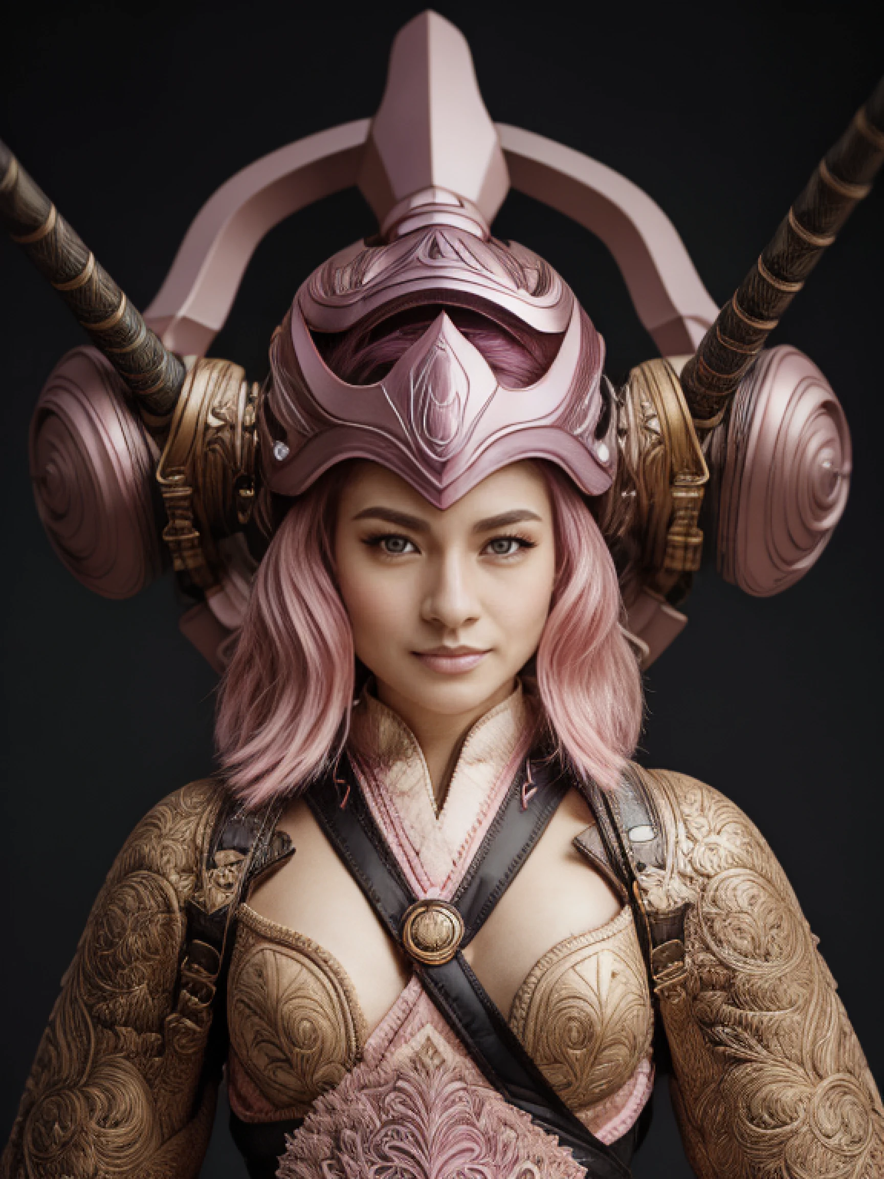 (best quality,highres:1.2), ultra-detailed, (realistic:1.37) portrait, aesthetic girl with pink hair, elegant bun, stunning sharp jawline, voluptuous round breasts, wearing samurai armor consisting of a chest plate, shoulder guards, arm guards, and leg guards. The armor is intricately designed with beautiful engravings and embellishments. The girl exudes strength and grace, embodying the spirit of a samurai. She wears a traditional samurai helmet adorned with feathers and intricate patterns. The poster showcases vibrant and vivid colors, with a focus on pink hues to complement the girl's hair. The lighting is expertly done, casting dramatic shadows and highlighting the girl's features. The overall scene has a surreal and dreamlike quality, adding to the aesthetic appeal.