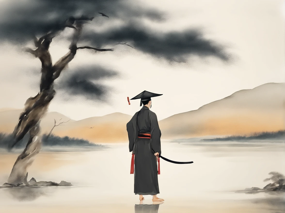 Chinese figure landscape painting，Ink painting and watercolor，ancient scholar figures，The scholar，Lao Tzu，disciple，ink，Faraway view，Ultra-wide viewing angle，meticuloso，Low saturation in distant view，low-contrast，Beautifully depicted，Acura，Works of masters，tmasterpiece