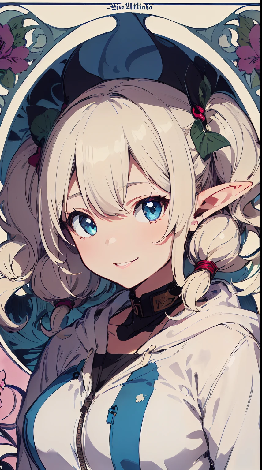 ((Elf Woman, (1woman,solo))), ((white Blonde, Curly hair, twintails)), ((White Hoodie)), blue Eyes, Tilting Head, light Smile, light pink lips, ((Canting (with cheeks))), ((Art Nouveau background)), Upper Body, big breast, squinting, By Yusuke Murata.