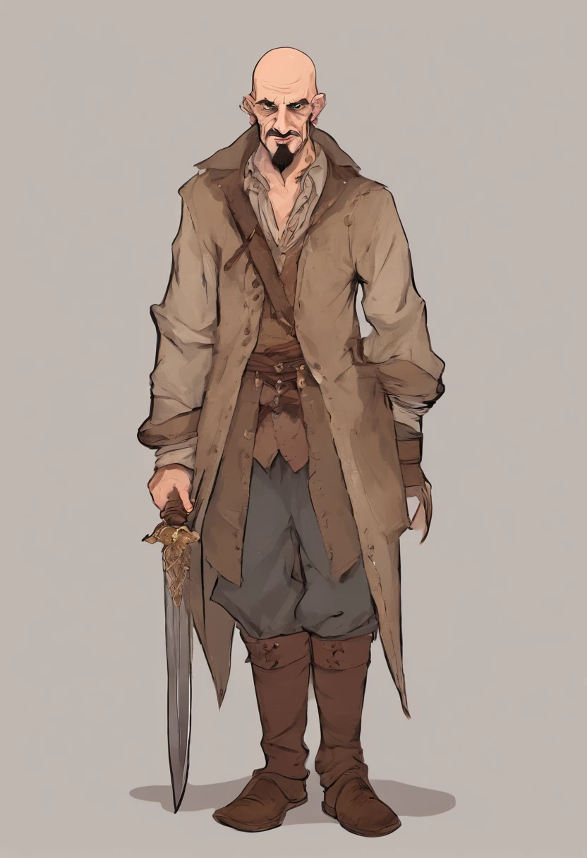 human bandit, a dagger between his teeth. bald, deepset eyes, hook nose, shabby clothes in drab browns and muted grays. Skinny, perhaps a desperate look in his eyes.