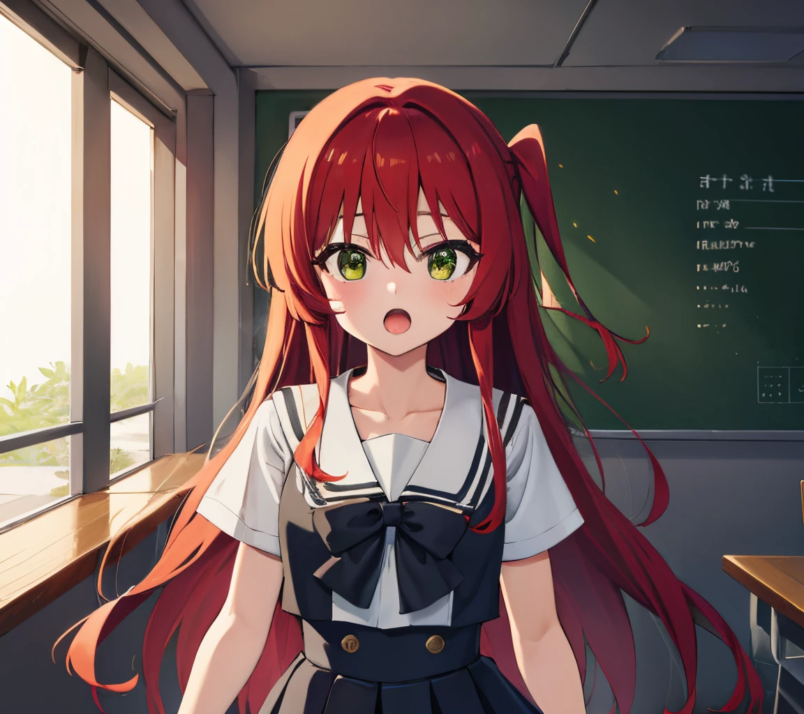 kitaikuyo, ikuyo kita, (green eyes:1.5), hair between eyes, long hair, one side up, red hair, (flat chest:1.2),
BREAK black footwear, black skirt, grey sailor collar, pleated skirt, sailor collar, school uniform, shoes, short sleeves, shuka high school uniform, skirt,,
BREAK looking at viewer,
BREAK indoors, classroom,
BREAK (masterpiece:1.2), best quality, high resolution, unity 8k wallpaper, (illustration:0.8), (beautiful detailed eyes:1.6), extremely detailed face, perfect lighting, extremely detailed CG, (perfect hands, perfect anatomy),up chest.big breasts.Sad face.open mouth.