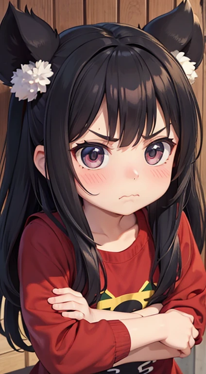A little girl looks at me with a slightly angry face and puffs out her cheeks.