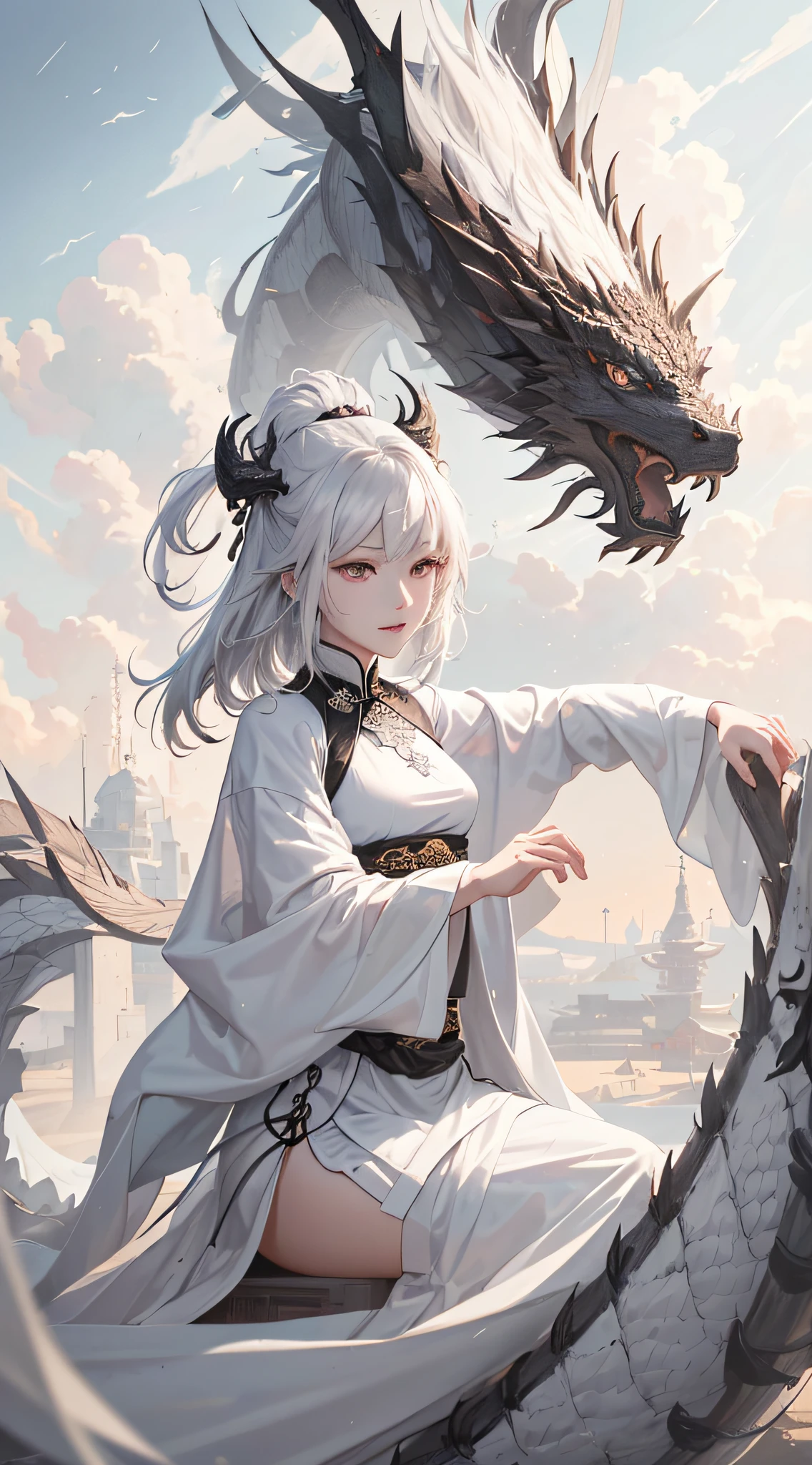 Black Dragon、Black Dragon、Beautiful feces、clouds、Soar into the sky aboard the Black Dragon、 art stations, Volumetriclighting, The facial details are particularly rich, 4k wallpaper, Silver-haired girl, short-length straighthair, dynamic viewing angle,Tradition Chinese Ink Painting, surrounded by cloud, mistic, Black Dragon、Ride the dragon's head, Moon Night