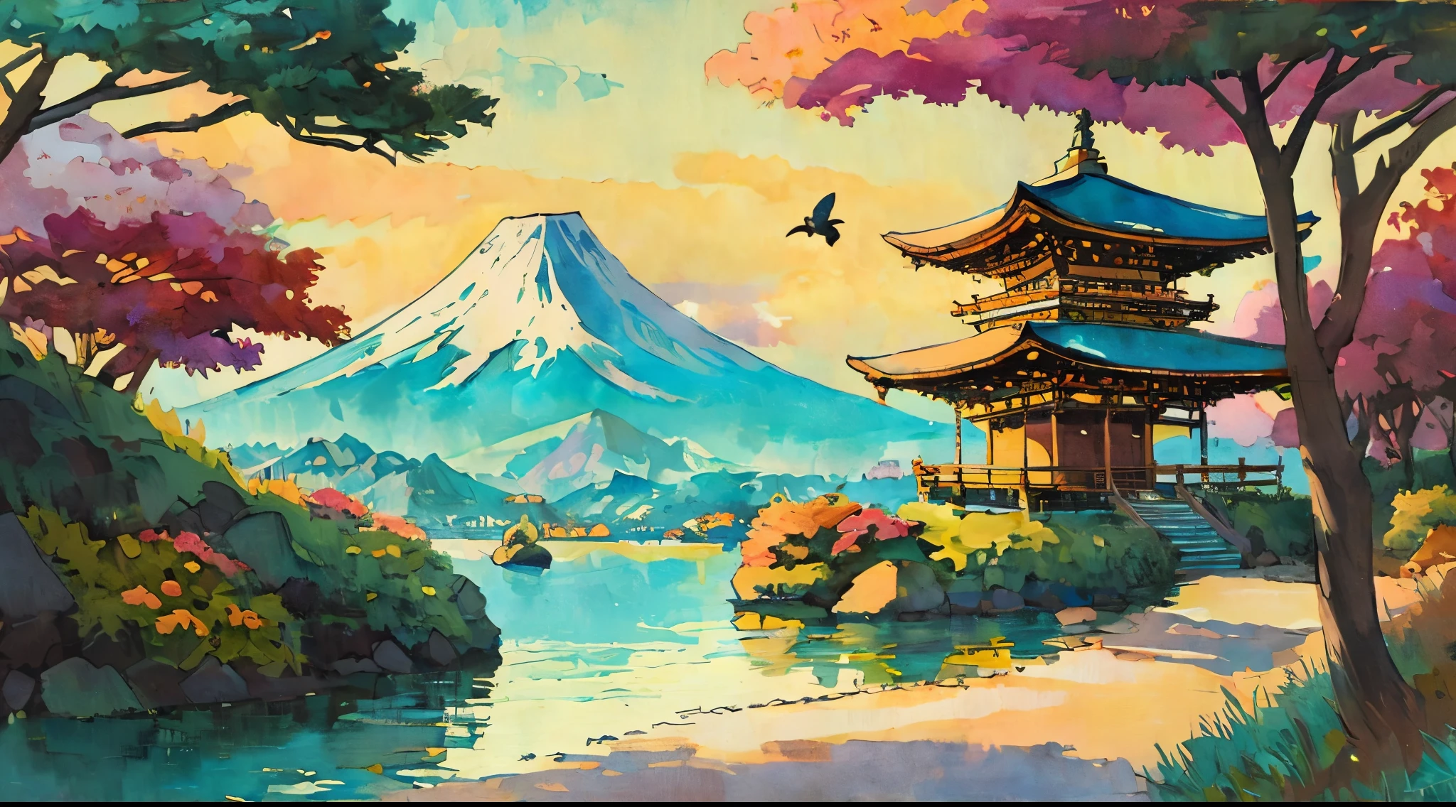 (Best quality),(masterpiece),(ultra detailed),(high detailed),(extremely detailed),Subject: Anime-Inspired Scenic Gouache Paintings
Medium: Gouache paint on canvas or watercolor paper.
Canvas Size: 11x14 inches.
Color Palette: Bright and vibrant colors with a mix of warm and cool tones.
Mood: Lively, energetic, and whimsical.
Composition: Dynamic compositions with a focus on capturing the essence of the scene.
Lighting: Play with lighting effects to create a sense of depth and atmosphere.
Style: Anime-inspired with a touch of painterly realism.
Details: Include elements such as picturesque landscapes, charming buildings, colorful flora, and expressive characters.
Inspiration: Anime backgrounds, Studio Ghibli films, traditional Japanese art.
Camera Setup: None (since it's a traditional painting).
Additional Notes: Use gouache paint to achieve a blend of opaque and translucent effects, allowing for vibrant colors and smooth transitions. Start with loose sketches to plan the composition and placement of key elements. Experiment with layering and building up the paint to add depth and texture to the scenery. Pay attention to the balance of warm and cool colors to create a harmonious and captivating atmosphere. Include small details like flowing water, fluttering leaves, or distant mountains to add depth and interest to the scene. Consider incorporating elements of fantasy or magical realism, such as floating islands, mythical creatures, or whimsical architecture. Let your imagination guide you in creating enchanting anime-inspired scenic gouache paintings that transport viewers to captivating and vibrant worlds.