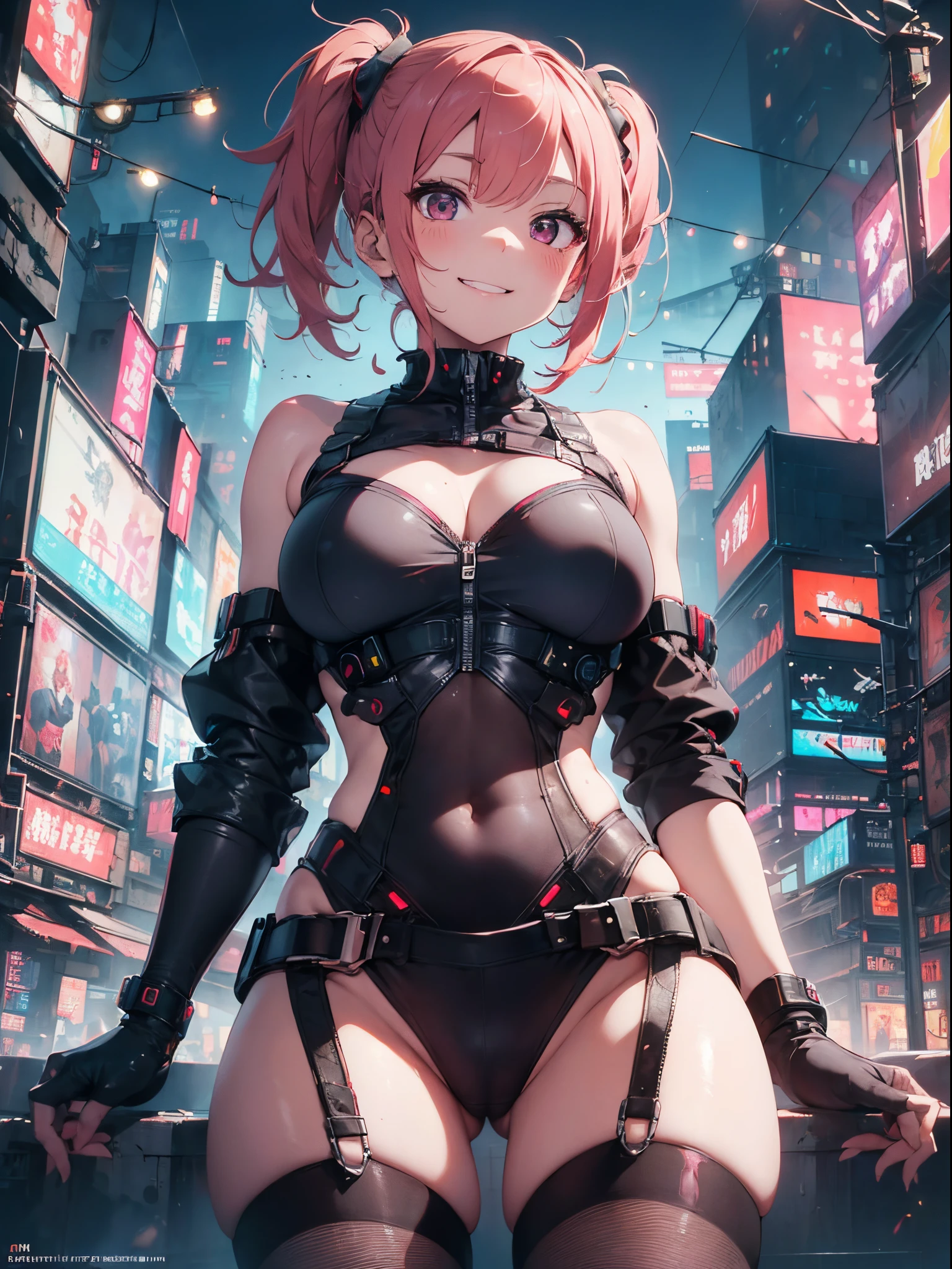 (Best Picture Quality, 4K, High Quality, Masterpiece:1.2), ((Masterpiece)), High Detail, High Quality, (HDR,16k, RAW Beautiful Girl Portrait, Best Picture Quality, Masterpiece:1.2), (Ultra-Definition Illustration), nsfw, (cyberpunk:1.4), city, extremely cute girl, wearing black & orange sexy cyber gear, mechanical wear, sleeveless, detaced sleeve, pink hair, twin tail short hair, pantyhose, armpits, evil smile