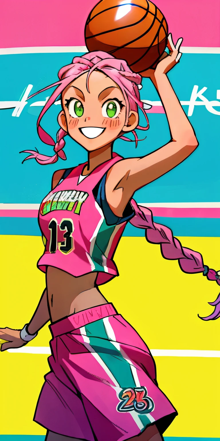 basketball player girl, happy, pink long braided hair, sexy, slim, poser, tomboy, cool basketball court background