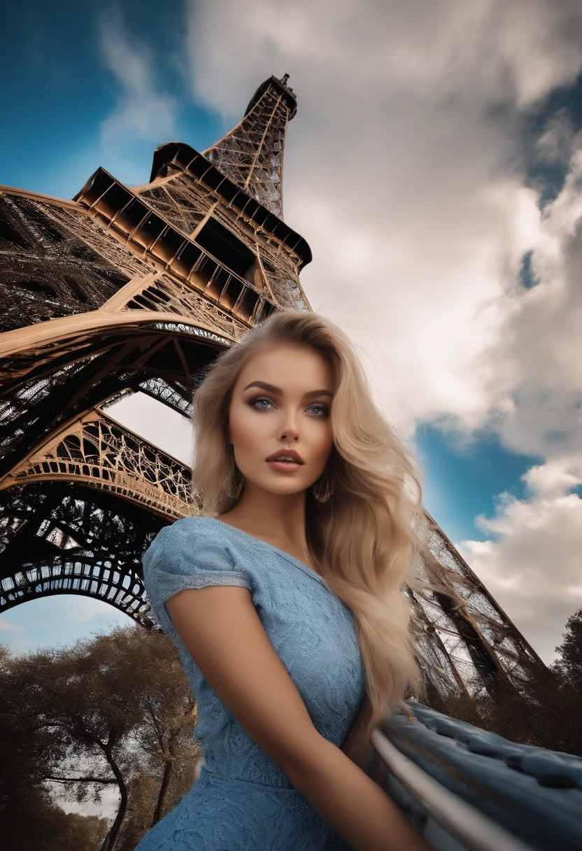 A poised and alluring woman with captivating blue eyes, resembling the ultra-realistic Sophie Mudd. Blonde girl, She wears natural makeup, exudes a sexy charm in a short dress, blonde hair color and poses in Eiffel tower setting with a prominent bust.
