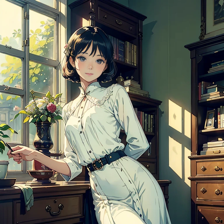 (top-quality、masterpiece)、超A high resolution、high-detail、(Watercolor in Sargent style)、(David Hamilton Style)、(softfocus)、Cinema Angle、ciinematic light、Soft light、Teacher's Office, morning sunlight, Highly detailed, Classical literature, bookcase, Antique Desk,Vintage aesthetics, Academic atmosphere, academic, Oak wood, Elegant patterns, Art deco,(One lady)、美丽的面容、kindly smile、tiny chest、Dark brown shorthair、Bunching hair、White blouses、long skirt、onepiece、Having a book、Perfect hands、Traditional atmosphere、Lush green environment、Flowers on the windowsill、houseplant、