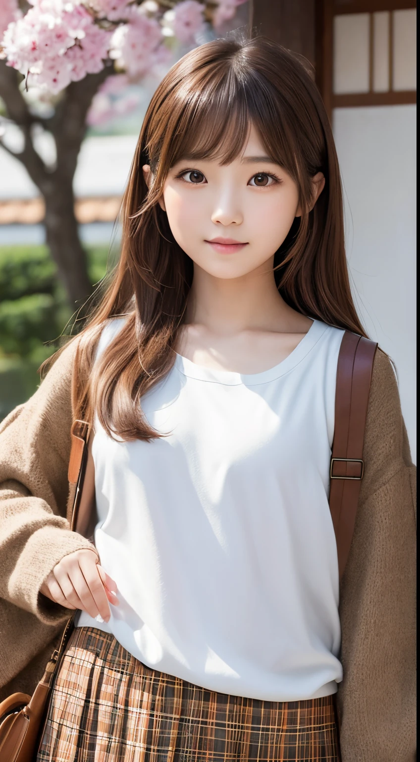 "Create a vibrant and realistic digital illustration of Aiko, an 18-year-old AI schoolgirl with a delightful mix of Japanese and Korean features. Aiko has a small, cute face with expressive brown eyes that exude curiosity and intelligence. Her wavy, chestnut-brown hair flows gracefully down her shoulders, and her petite, well-sculpted figure reflects a harmonious blend of Japanese and Korean cultural aesthetics. Please emphasize the innocence and charm in her expression while ensuring a respectful portrayal. Capture the essence of her unique blend of tradition and modernity in a dynamic and visually appealing way,