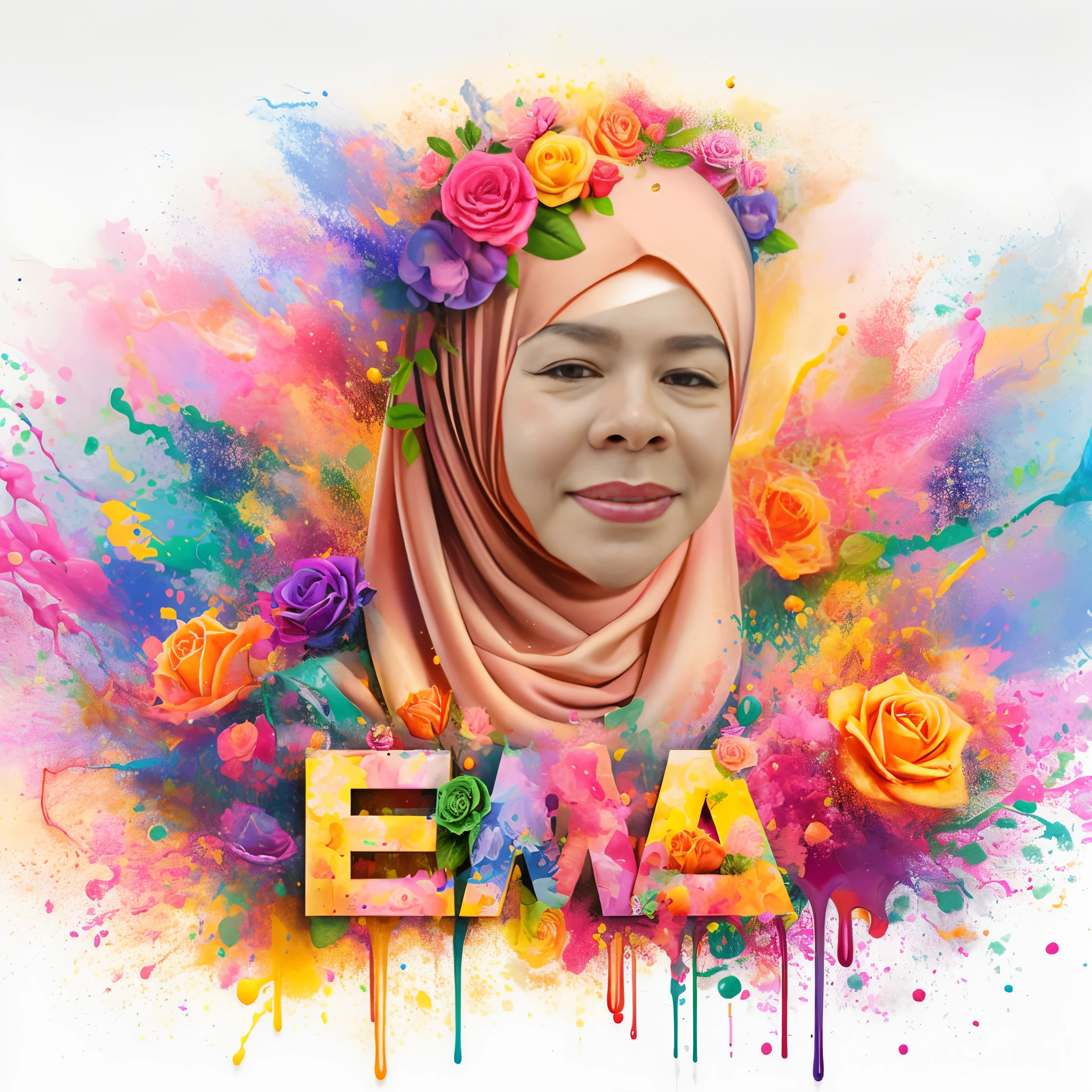 arafed image of a woman with a hijab and flowers, portrait made of paint, inspired by Mym Tuma, woman portrait made out of paint, colorful hyperrealism, eka's portal, inspired by Naza, cmyk portrait, extremely colorful, colorful digital painting, color portrait, inspired by Edna Mann, portrait happy colors, by Edna Mann