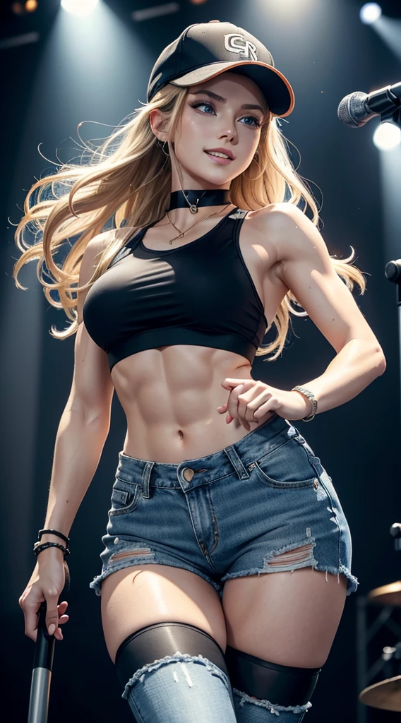 A 23-year-old white woman with unparalleled beauty.、blue eyess、dark blonde、hair is wavy、Longhaire、The ends of the hair are curled upwards、Singing passionately on stage at a music festival venue, dripping with sweat as he grips a microphone stand.、a smile、View from the front、She is wearing a black sports bra made by a sports manufacturer.、wearing a black choker、I&#39;m wearing hot pants made of jeans fabric with tight distressing.、The navel is out、My abs are cracked、Slender yet well-proportioned body with muscle mass comparable to that of a bodybuilder.、sunlight is shining from above、Photorealistic images、8K picture quality、I&#39;m punching my chest、I don&#39;t want my head to disappear from the screen.、The color of the jacket is random、I&#39;m wrapping my jacket around my waist、I'm pulling my hair up、Wearing accessories on your wrist、Only one leg is wearing thigh-high orange stockings.、wearing a baseball cap、Has a wristband on his wrist
