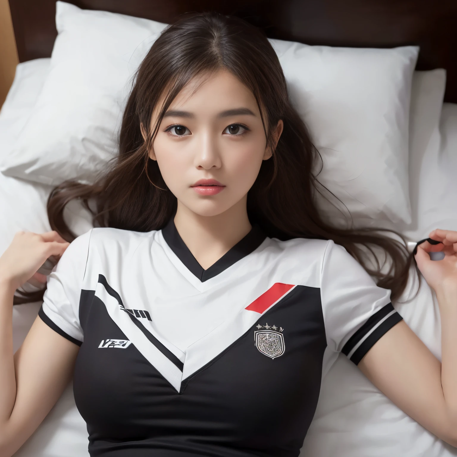 ((top-quality、masutepiece、8K、Top image quality、SFW))、(One photo:1.5)、((German beauty、german soccer uniform、Uniform designed with the German flag、german color soccer uniform、Uniform in the colors of the German flag、German flag emblem on the chest、The hem of the T-shirt is long、Professionally designed uniform with perfect color scheme、Lying on a hotel bed、Uniform with short sleeves and shorts、Close-up shot of her upper body、perfect short sleeves and shorts))、lyin in bed、(Lying on your back in bed:1.5)、(Shooting the upper body from directly above:1.5)、((Upper body photo、Look at me with a sad expression、look at me perfectly、large full breasts))、(perfect anatomia:1.2)、((Midnight、Dim lighting、Romantic lighting、Dark night bedroom))