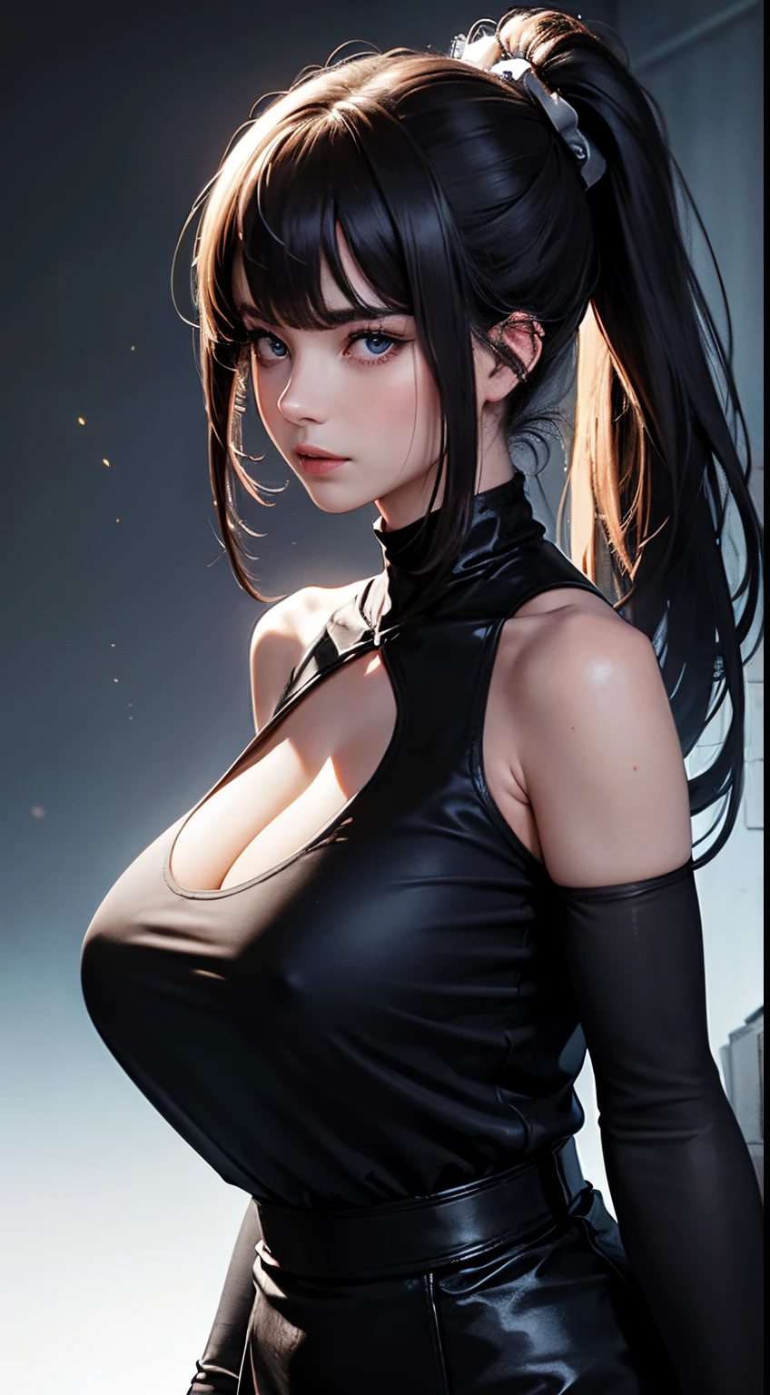 (Best quality), (tmasterpiece), (A high resolution), (Complicated details:0.2),(profesional lighting), sobu, detailedbackground, Oversized black T-shirt, cropped shoulders, (Previous view), 1 plump girl, Alone, (Nice face:1.40), Slim, delicate skin, ssmile, Long brown ponytail, skyblue eyes, (Medium beast:1.10), see in viewer, (Colossal tits,Huge cleavage)