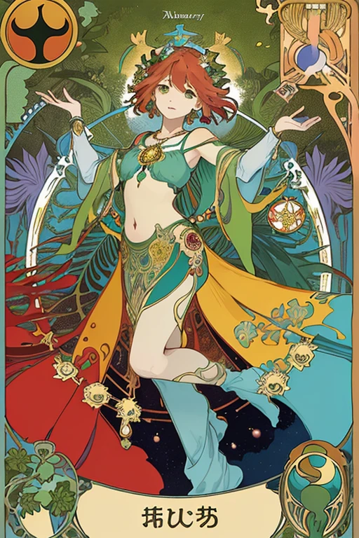 Turquoise, orange, red, yellow, brown ,tmasterpiece、topquality、Alphonse Mucha、Jugendstil、 (Tarot card style:1.3)、Unique Tarot Card Structure, including floral and green elements、Upper torso、looking at the viewers、 In the middle of a green garden、The Mysterious Girl 、Dance with Unearthly Creatures。 roses、lily、Cherry treesleaves、moss、vine、Elegant dresses, Inspired by nature、Necklace with flowers and leaves、hair ornaments、Butterflies、bird、bee、Tarot symbols, Reimagined with floral and green ornaments、godesses、Flower Garden、woods、Natural background, like a, For example, shore of the lake、Efficient use of light and shadow、 Realistic & ultra realisic, kindness