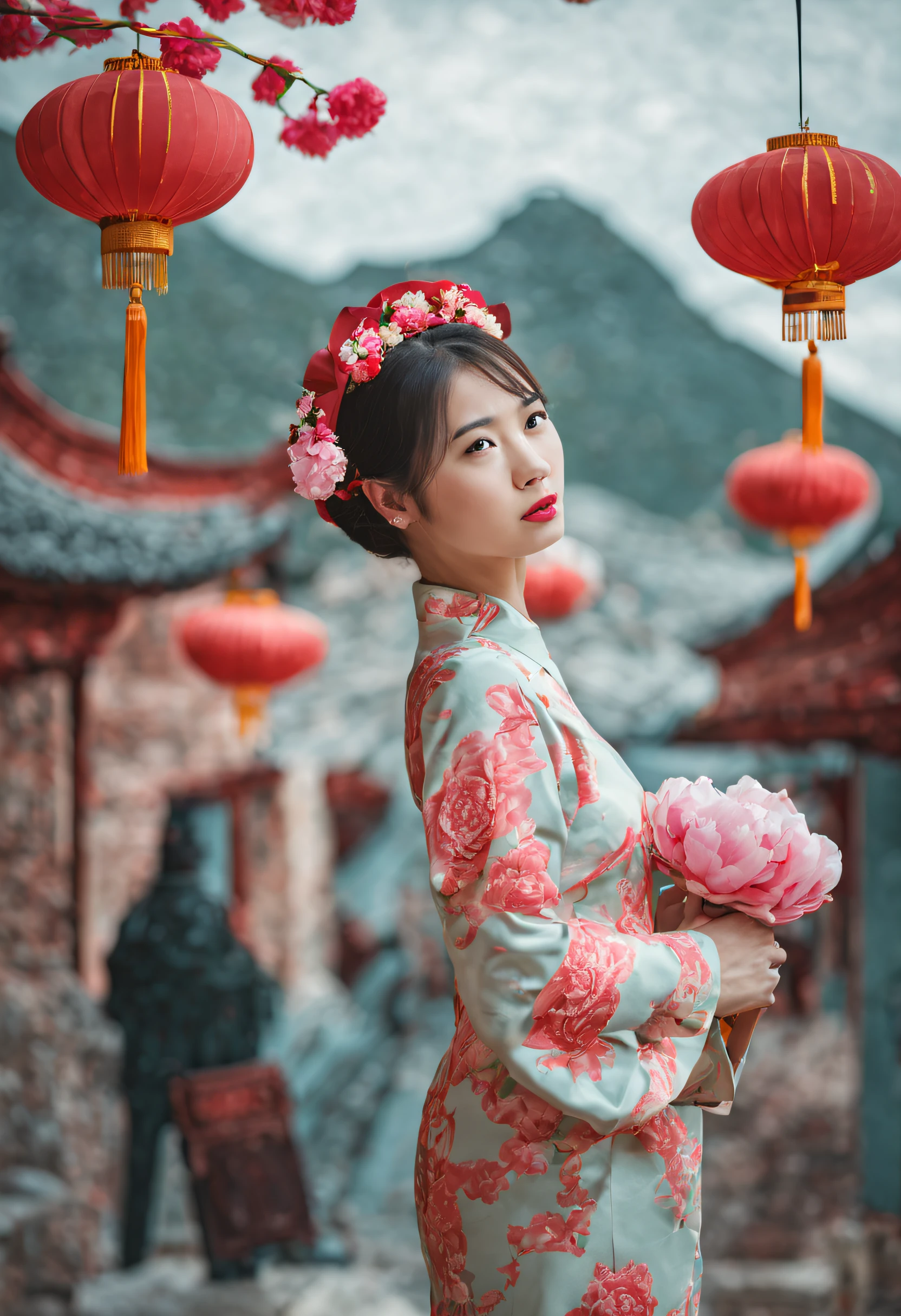 Best quality at best，Woman wearing cheongsam and peonies on her head，lanterns，mont、Classical Chinese architecture，Paper cut style flat illustration，