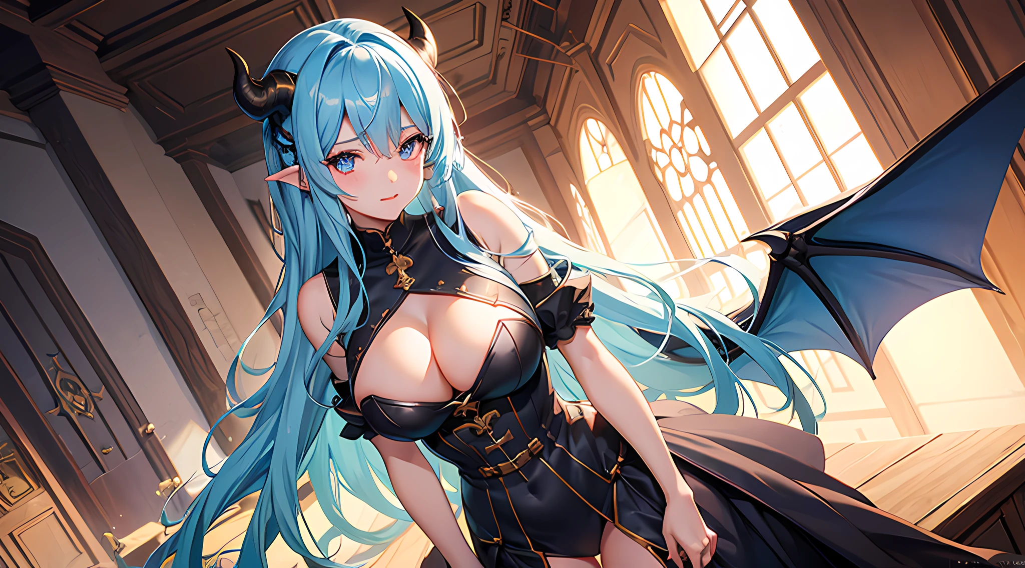 a close up best waifu standing in a medieval era castle, big breast, demon horns, dragon wings, steel armor suit, sky blue hair, (full body:0.6), blushed face, seductive facial expression, lick own lips, pixiv contest winner, best anime artstyle, extremely detailed eyes, beautiful eyes finely detailed.