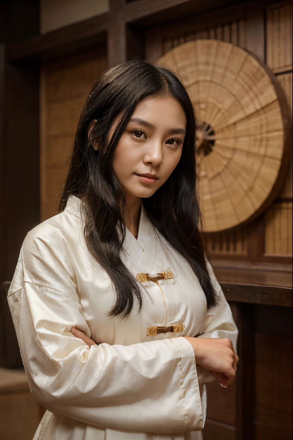 ( young woman:1.4), black hair,Chinese-style coiled hair, kind face, gentle smile .Asia face,looking at the camera in,Wearing Chinese Zen clothing,The temperament is elegant,Perfectly Centered Portrait Photo,calm expression