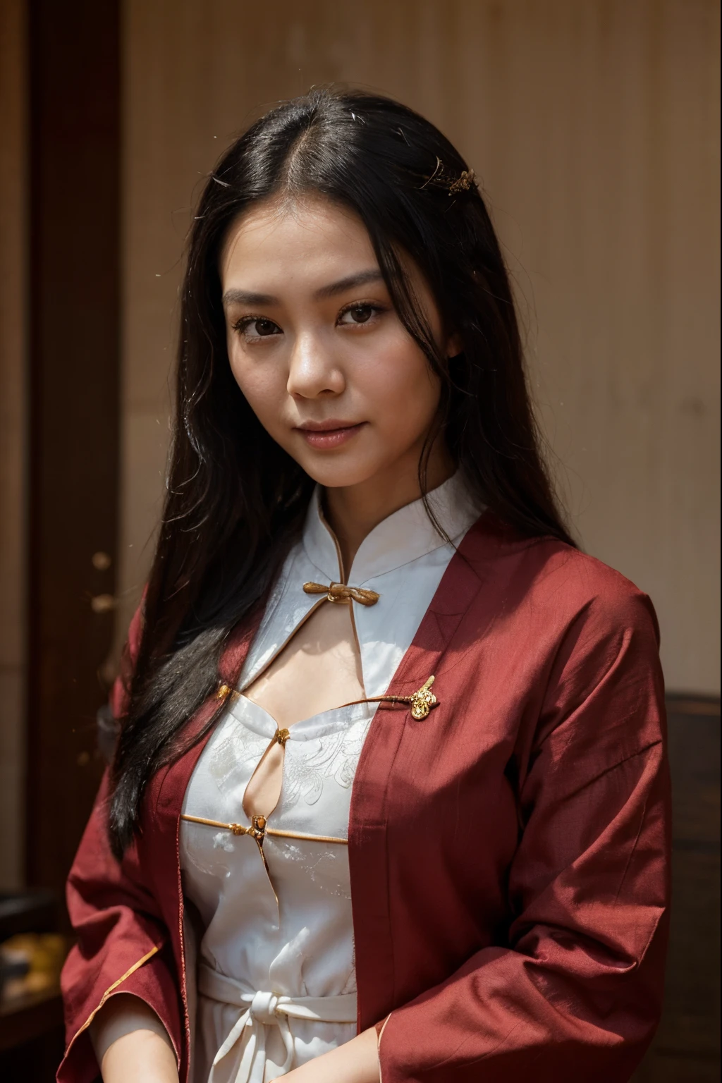 ( young woman:1.4), black hair,Chinese-style coiled hair, kind face, gentle smile .Asia face,looking at the camera in,Wearing Chinese Zen clothing,The temperament is elegant,Perfectly Centered Portrait Photo,calm expression