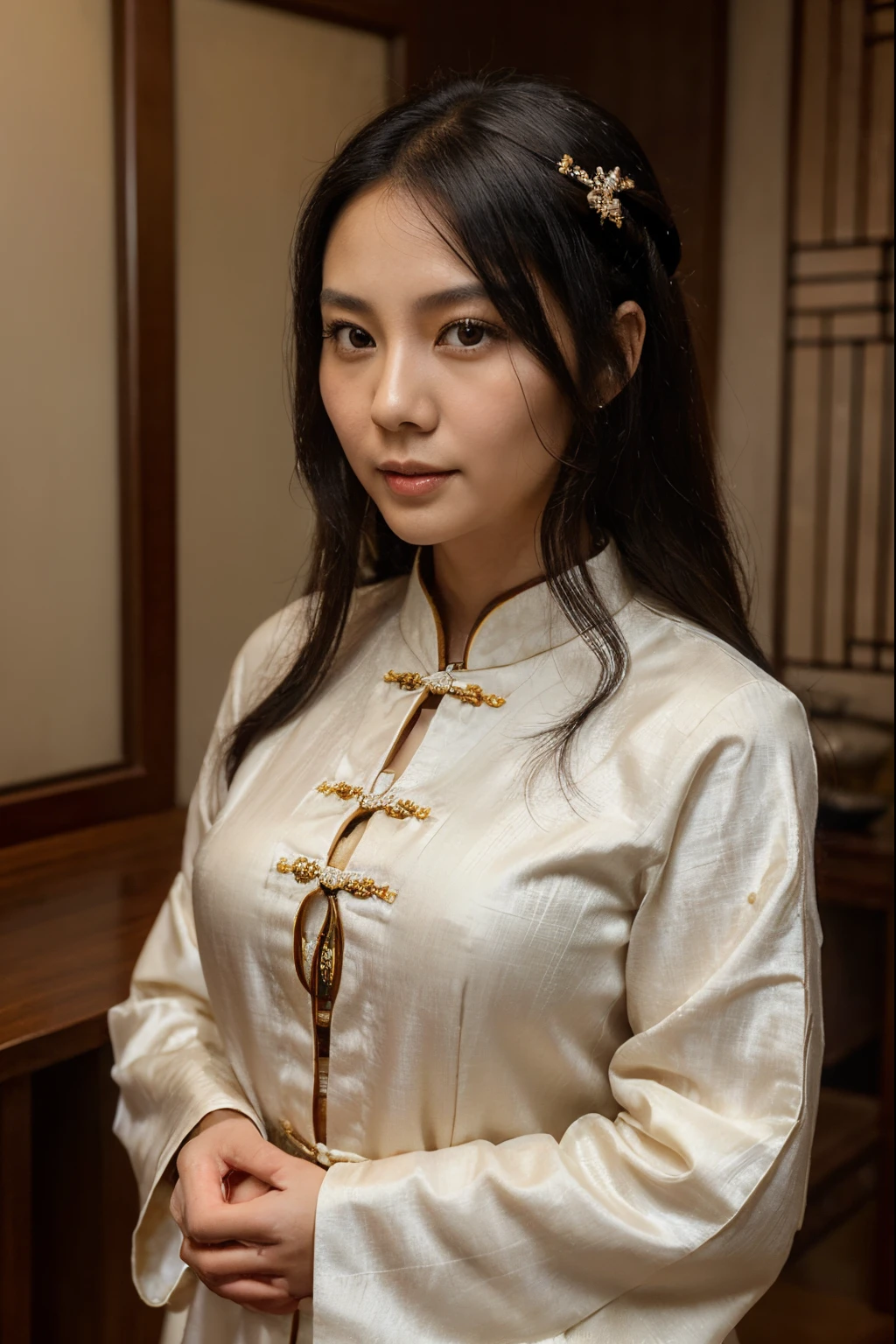 ( young woman:1.4), black hair,Chinese-style coiled hair, kind face, gentle smile .Asia face,looking at the camera in,Wearing Chinese Zen clothing,The temperament is elegant,Perfectly Centered Portrait Photo,calm expression