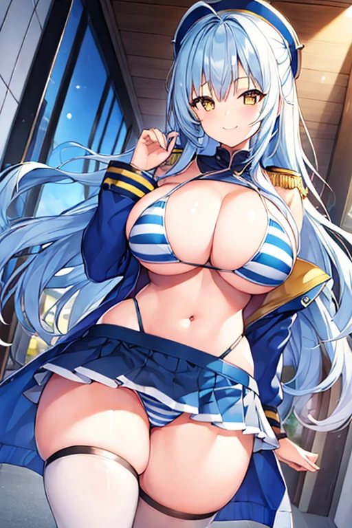 1girl, blue hair, large breasts, thick thighs, wide hips, blue jacket, yellow eyes, white hair, horizontal stripes, striped bikini, smile, happy, light smile, long hair, open jacket, bikini, 2d, anime style, anime screencap, epaulettes