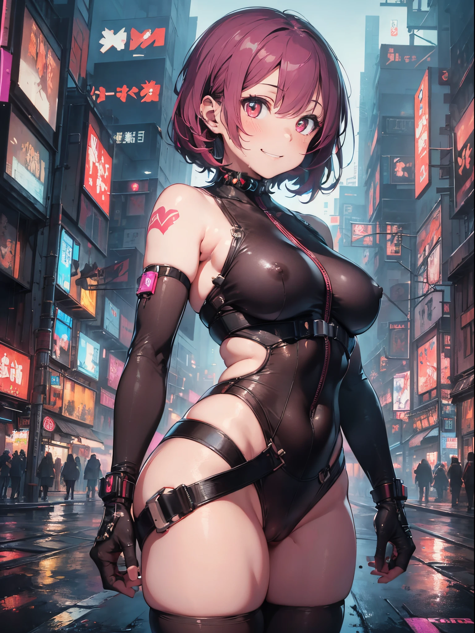 (Best Picture Quality, 4K, High Quality, Masterpiece:1.2), ((Masterpiece)), High Detail, High Quality, (HDR,16k, RAW Beautiful Girl Portrait, Best Picture Quality, Masterpiece:1.2), (Ultra-Definition Illustration), (nsfw:1.3), (cyberpunk:1.4), city, extremely cute girl, wearing black & orange sexy cyber gear, mechanical wear, sleeveless, detaced sleeve, pink hair, twin tail short hair, pantyhose, armpits, evil smile