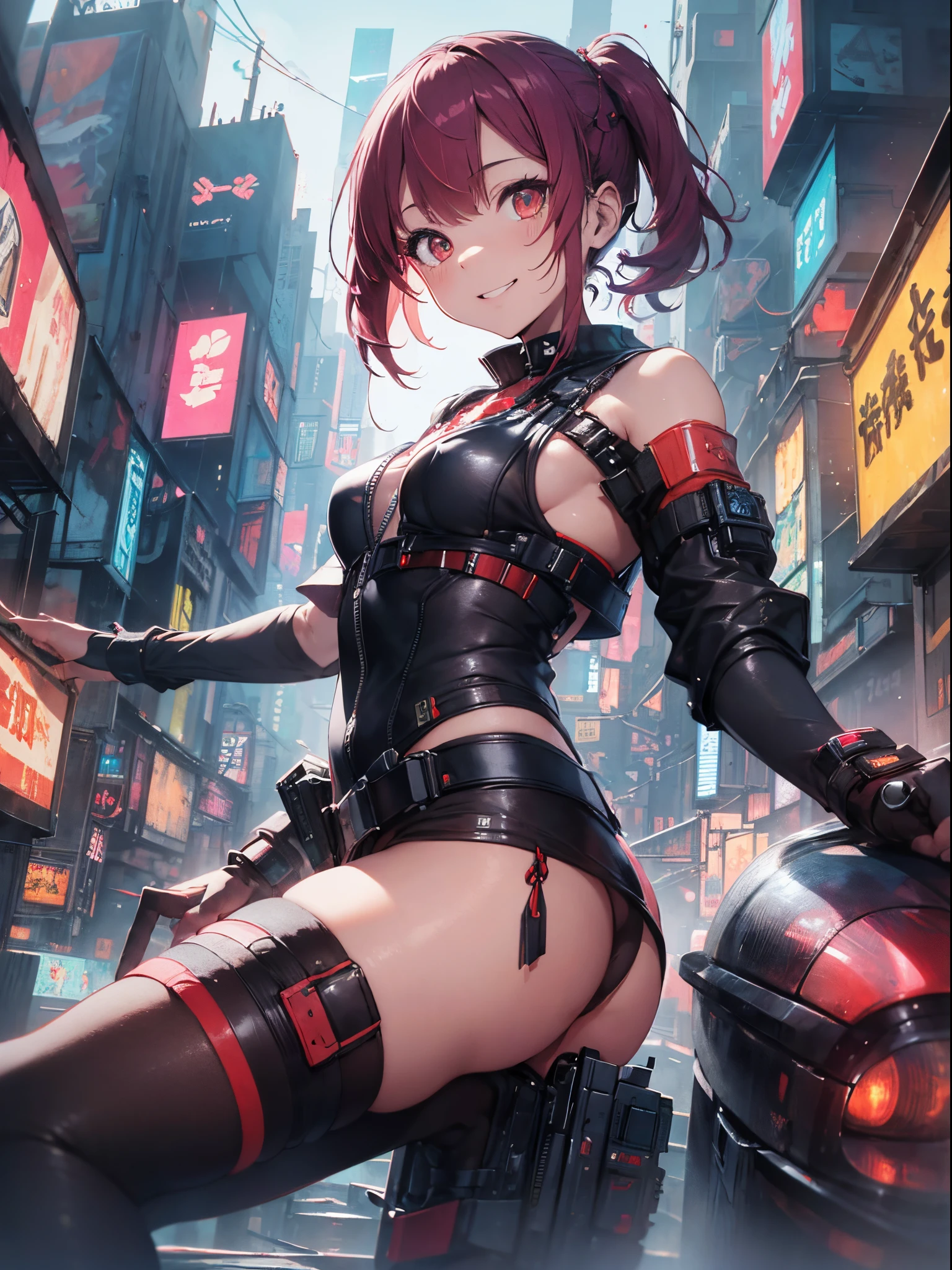 (Best Picture Quality, 4K, High Quality, Masterpiece:1.2), ((Masterpiece)), High Detail, High Quality, (HDR,16k, RAW Beautiful Girl Portrait, Best Picture Quality, Masterpiece:1.2), (Ultra-Definition Illustration), (nsfw:1.3), (cyberpunk:1.4), city, extremely cute girl, wearing black & orange sexy cyber gear, mechanical wear, sleeveless, detaced sleeve, pink hair, twin tail short hair, pantyhose, armpits, evil smile