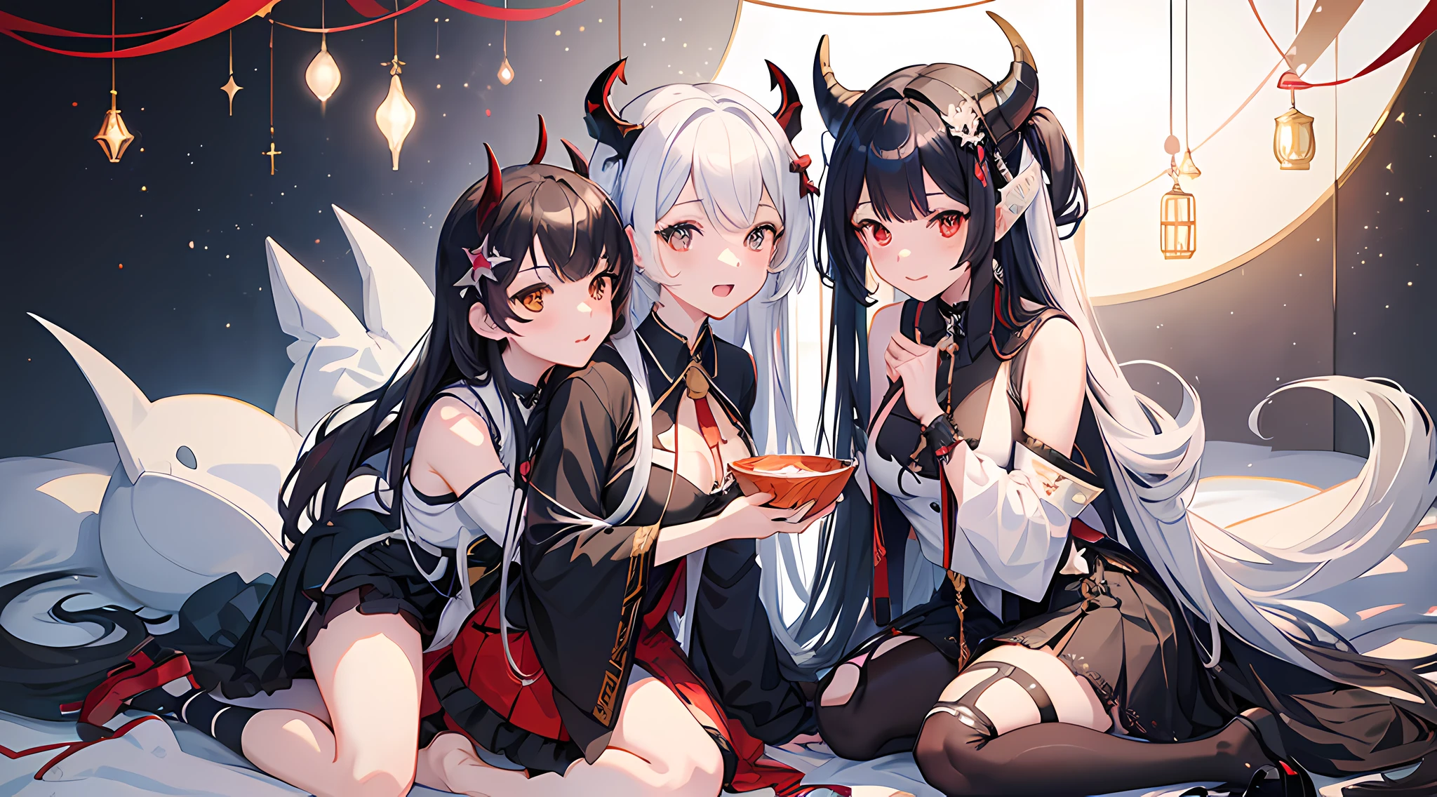 three anime girls with horns and horns are posing for a picture, a picture by Shitao, pixiv, auto-destructive art, characters from azur lane, from the azur lane videogame, mika kurai demon, azur lane style, demon anime girl, kantai collection style, tensei shitara slime datta ken, anime girls, devil smile