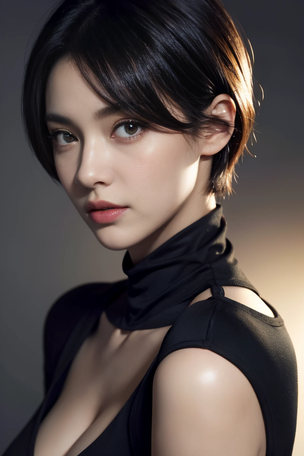 A close up of a woman with a black dress and a black scarf - SeaArt AI