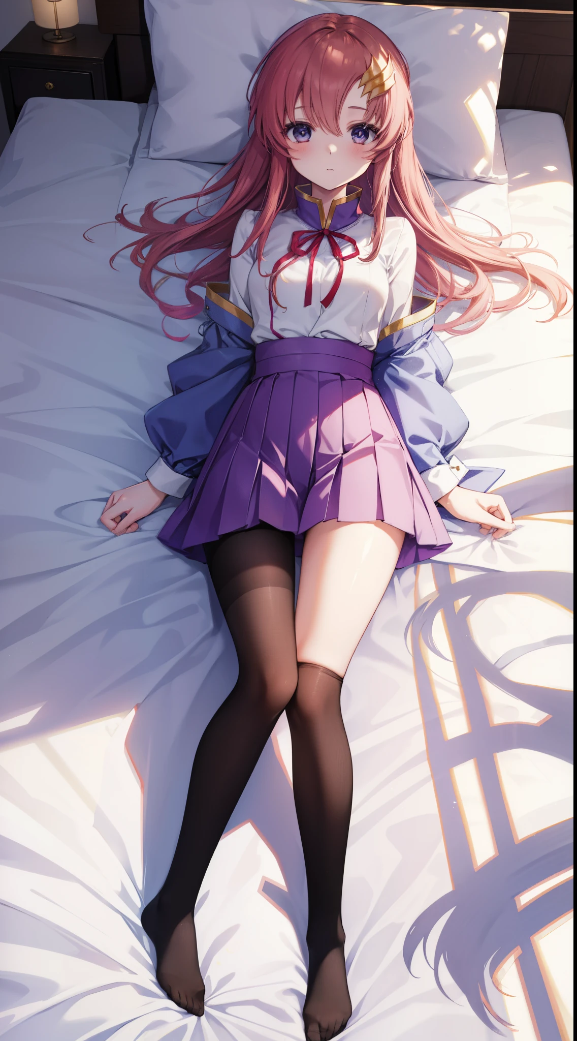 lacus　clyne、18 year old girl with a slim body、独奏、Full body portrait from head to toe、Portrait composition from above、small tits、length hair、red blush、Embarrassed look、White short-sleeved blouse、Short pleated skirt、Black pantyhose、Black tights、Black pantyhose、Black Knee High Socks、white  panties、No shoes on、lying on the bed、hands tied with ropes、White panties are visible、Bedrooms、inside in room、during daytime