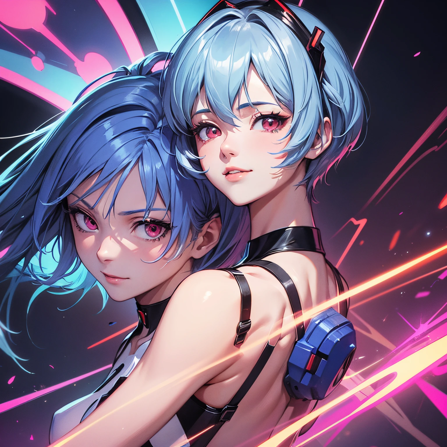 Masterpiece portrait of a smiling Rei Ayanami (Evangelion), Evangelion (Hideaki), Caustics, High resolution illustration, Red Eyes, Feminine, no pupils, Blue hair, Short hair, Very small breasts,Japan school uniform, lowfers, swpunk, Synth Wave, Paint splatters, shaded flat illustration, Digital Art, Trending on ArtStation, Highly detailed, Fine detail, Convoluted, Splatter, Outrun, Vaporware, neon color