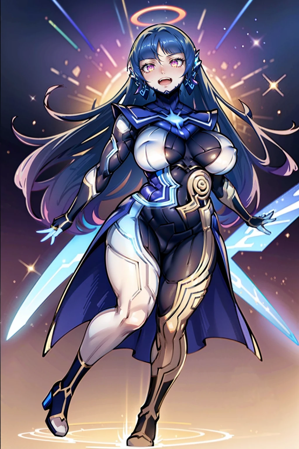 e,, holy magicalgirl, open mouth fang, holy haura, halo, smile, joyfull, paladin, sword holding, full body , boots, standing,cute,breast, curvy, female,fantasy goddess,there is a cartoon picture of a woman with a very large breast, glowing angelic being, glowing holy aura, inspired by Luma Rouge, the non-binary deity of spring, ethereal rainbow nimbus, the butterfly goddess of fire, inspired by Marie Angel, glowing aura around her, astral fairy, as the goddess of the sun, “uwu the prismatic person, big breast, happy, beautiful eyes, , full body, walking, long robe, long dress, ,priestess ,holy, smile, god rays, ray tracing, sparkle, cinematic lighting, UHD, retina, masterpiece, ccurate, anatomically correct, textured skin, super detail, high details, high quality, award winning, best quality, highres, 1080P, HD, 4K, thunder aura, light aura,full body suit, pullover, metal suit, covered chest