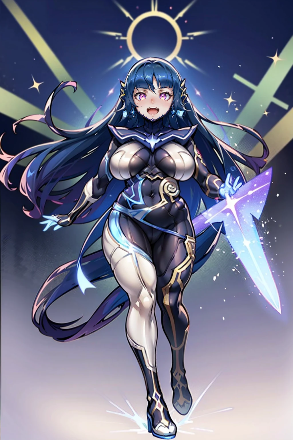 e,, holy magicalgirl, open mouth fang, holy haura, halo, smile, joyfull, paladin, sword holding, full body , boots, standing,cute,breast, curvy, female,fantasy goddess,there is a cartoon picture of a woman with a very large breast, glowing angelic being, glowing holy aura, inspired by Luma Rouge, the non-binary deity of spring, ethereal rainbow nimbus, the butterfly goddess of fire, inspired by Marie Angel, glowing aura around her, astral fairy, as the goddess of the sun, “uwu the prismatic person, big breast, happy, beautiful eyes, , full body, walking, long robe, long dress, ,priestess ,holy, smile, god rays, ray tracing, sparkle, cinematic lighting, UHD, retina, masterpiece, ccurate, anatomically correct, textured skin, super detail, high details, high quality, award winning, best quality, highres, 1080P, HD, 4K, thunder aura, light aura,full body suit, pullover, metal suit, covered chest