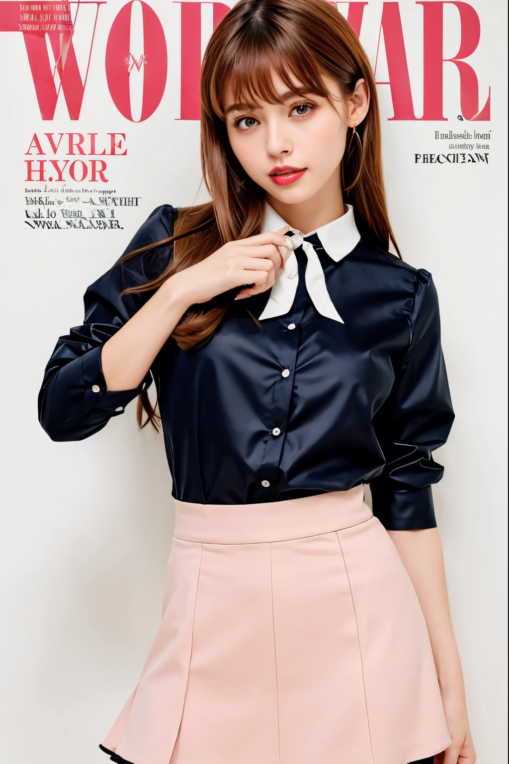 masterpiece, best quality, full body, 1girl, bangs, black choker, necktie, black hair, pink skirt, blush, bracelet, breasts, choker, clothes around waist, bows，collarbone, collared shirt, cowboy shot, lace dress shirt, ear piercing, eyebrows visible through hair, gradient hair, grin, gyaru, jewelry, kogal, long hair, looking at viewer, loose necktie, necktie, piercing, brown eyes, ring, school uniform, shirt, skirt, smile, solo, white shirt, street, sky, cherry blossoms, petals,illustration, (magazine:1.4), (cover-style:1.3), fashionable, woman, vibrant, outfit, posing, front, colorful, dynamic, background, elements, confident, expression, holding, statement, accessory, majestic, coiled, around, touch, scene, text, cover, bold, attention-grabbing, title, stylish, font, catchy, headline, larger, striking, modern, trendy, focus, fashion,