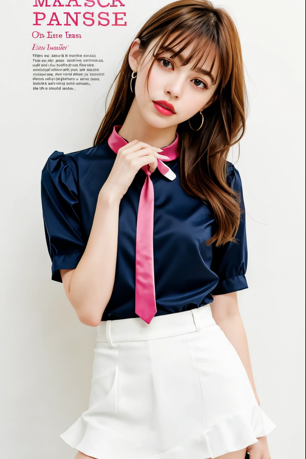 masterpiece, best quality, full body, 1girl, bangs, black choker, necktie, black hair, pink skirt, blush, bracelet, breasts, choker, clothes around waist, bows,collarbone, collared shirt, cowboy shot, lace dress shirt, ear piercing, eyebrows visible through hair, gradient hair, grin, gyaru, jewelry, kogal, long hair, looking at viewer, loose necktie, necktie, piercing, brown eyes, ring, school uniform, shirt, skirt, smile, solo, white shirt, street, sky, cherry blossoms, petals,illustration, (magazine:1.4), (cover-style:1.3), fashionable, woman, vibrant, outfit, posing, front, colorful, dynamic, background, elements, confident, expression, holding, statement, accessory, majestic, coiled, around, touch, scene, text, cover, bold, attention-grabbing, title, stylish, font, catchy, headline, larger, striking, modern, trendy, focus, fashion,