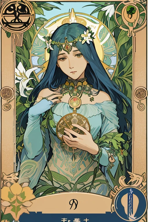 tmasterpiece、topquality、Alphonse Mucha、Jugendstil、
(Tarot card style:1.3)、Unique Tarot Card Structure, including floral and green elements、Upper torso、looking at the viewers、
In the middle of a green garden、The Mysterious Girl 、Dance with Unearthly Creatures。
roses、lily、Cherry treesleaves、moss、vine、Elegant dresses, Inspired by nature、Necklace with flowers and leaves、hair ornaments、Butterflies、bird、bee、Tarot symbols, Reimagined with floral and green ornaments、godesses、Flower Garden、woods、Natural background, like a, For example, shore of the lake、Efficient use of light and shadow、
Realistic & ultra realisic, kindness, full height, blue hair
