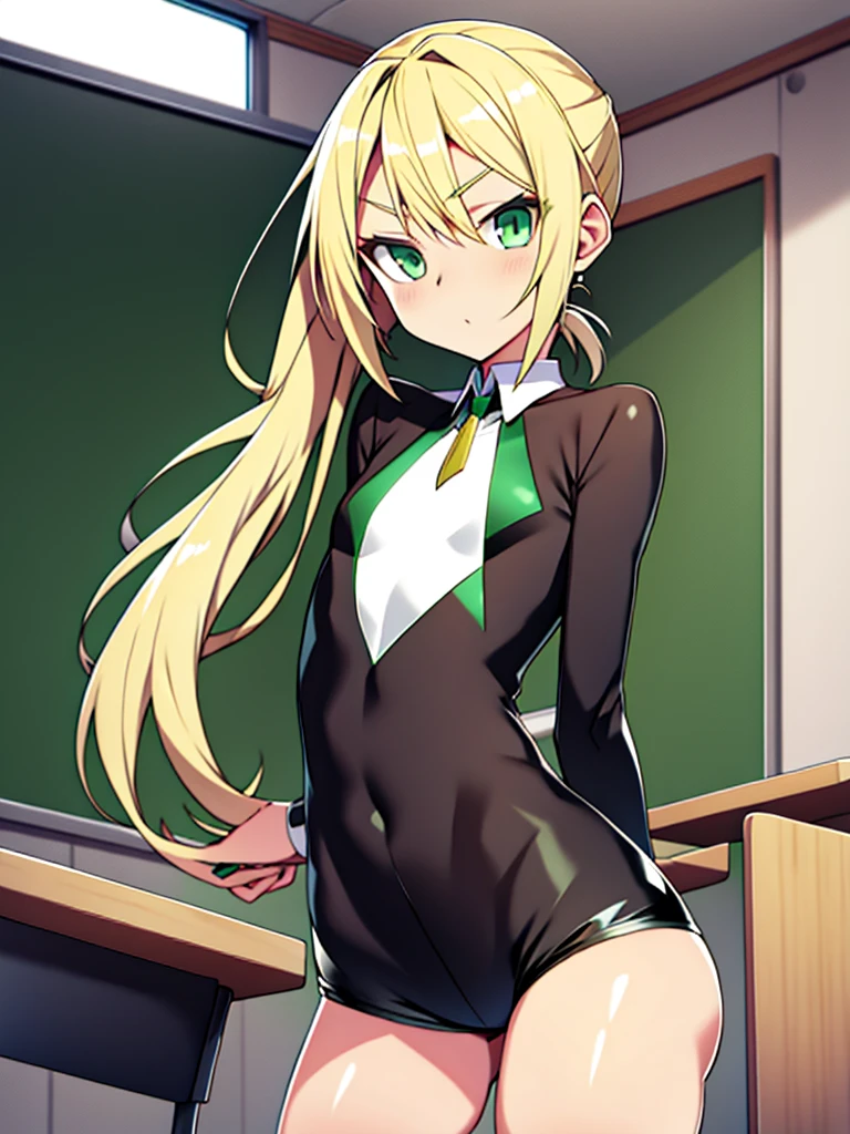 Flat chest, loli, blonde hair, big green eyes, low ponytail, parted bangs, (shiny skin:1.2), classroom, tight clothes, wide hips, thighs, full body, short shorts, (masterpiece:1), (abundant detail:1)